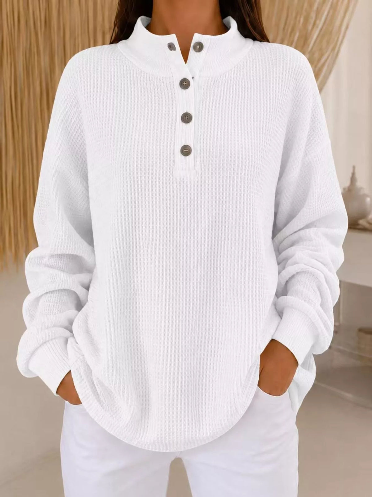 Full Size Waffle Knit Button Detail Sweatshirt Plus Size - Lilixa.store