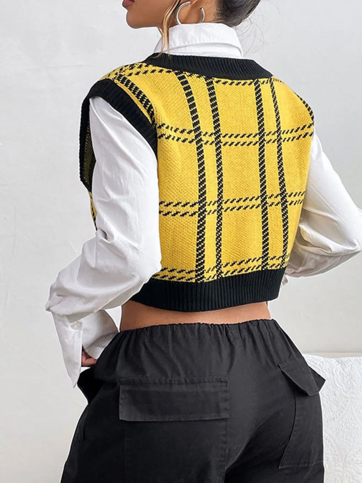 Plaid V-Neck Cropped Sweater Vest in Yellow, view 3