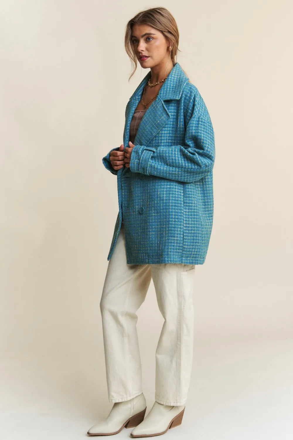 J.NNA Tweed Double-Breasted Long Sleeve Coat in Emerald Sea, view 6