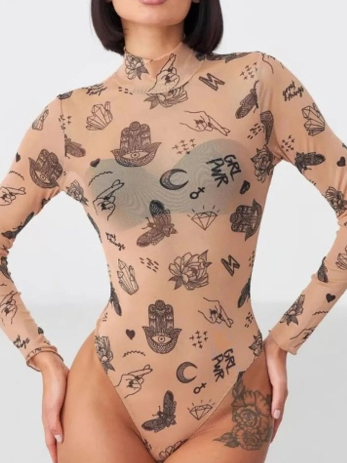 Printed Mock Neck Long Sleeve Bodysuit - Lilixa.store