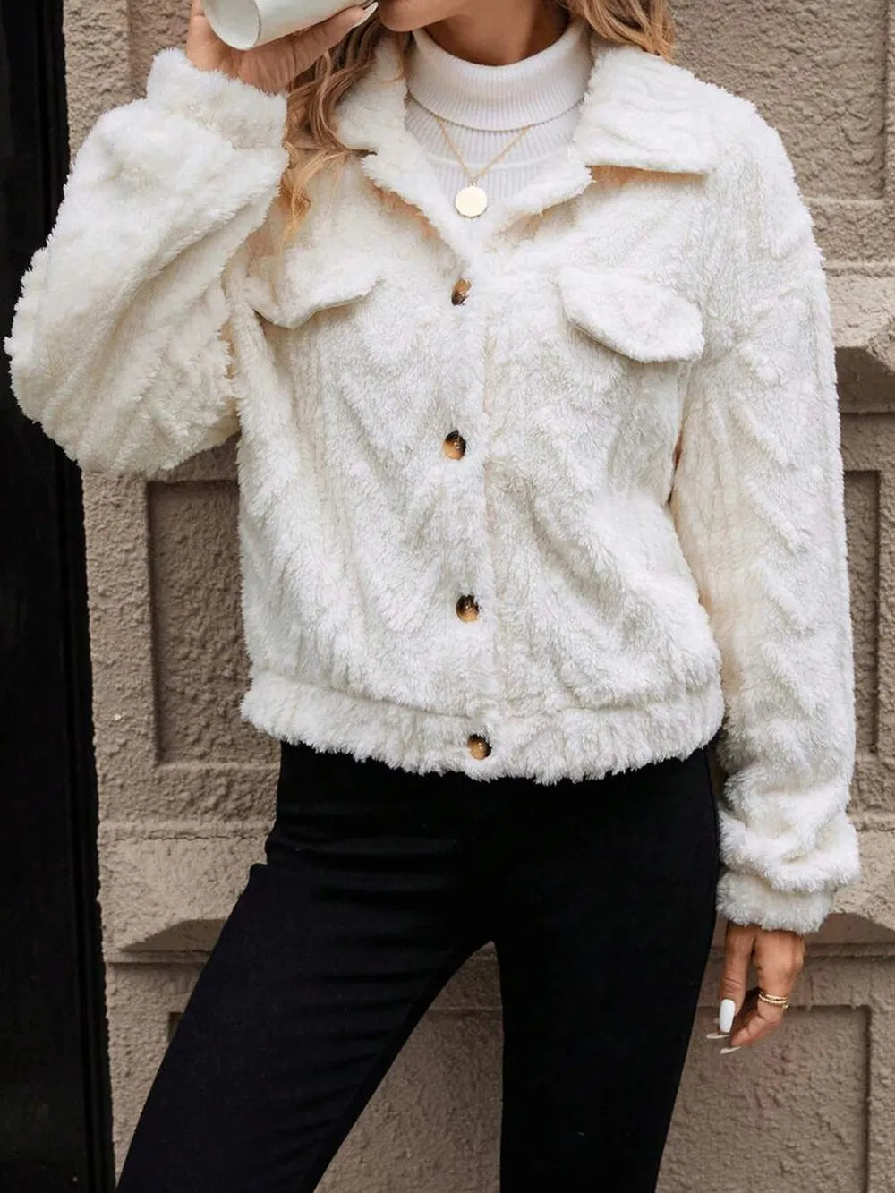 Button Up Long Sleeve Fuzzy Outerwear in Ivory, view 2