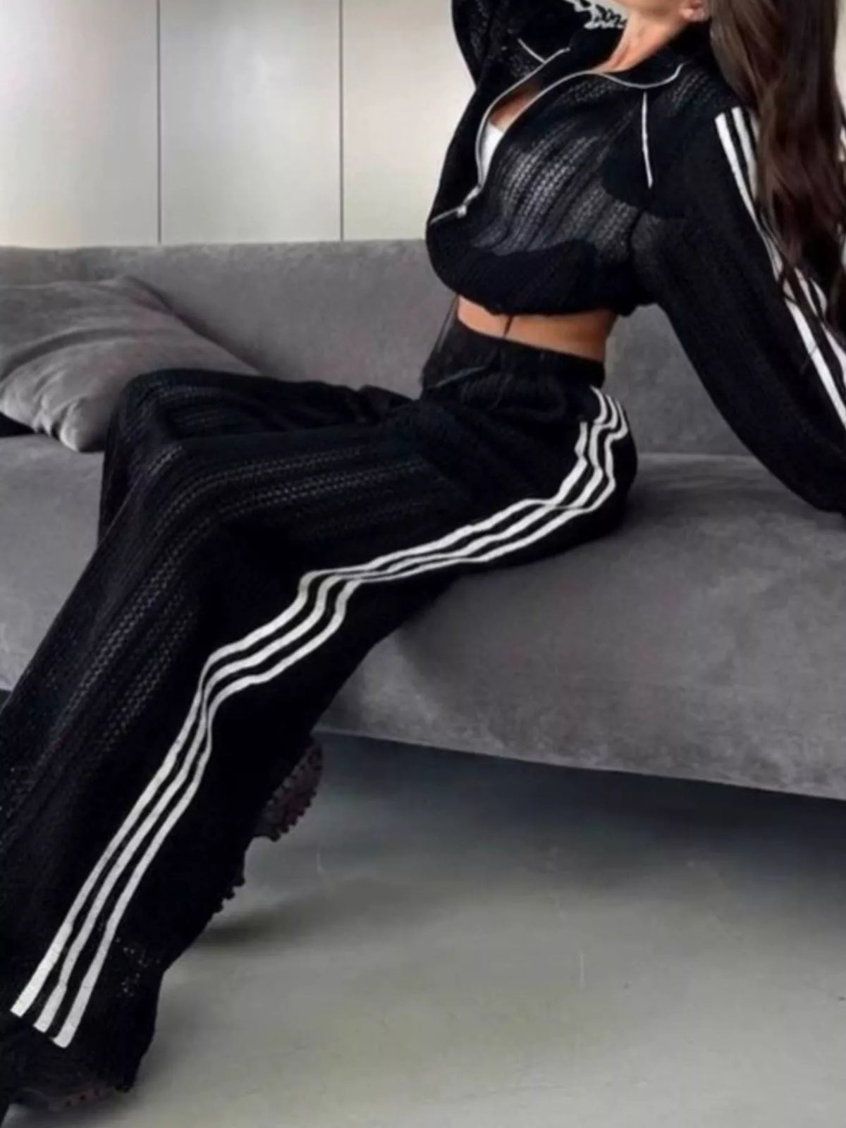 Side Stripes Zip Up Top and Pants Set - Lilixa.store