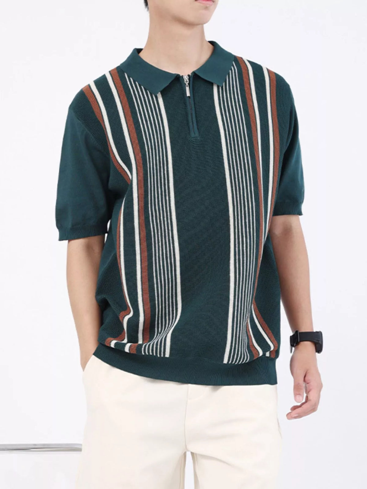 Men's Striped Knit Zipper Polo Plus Size, view 6