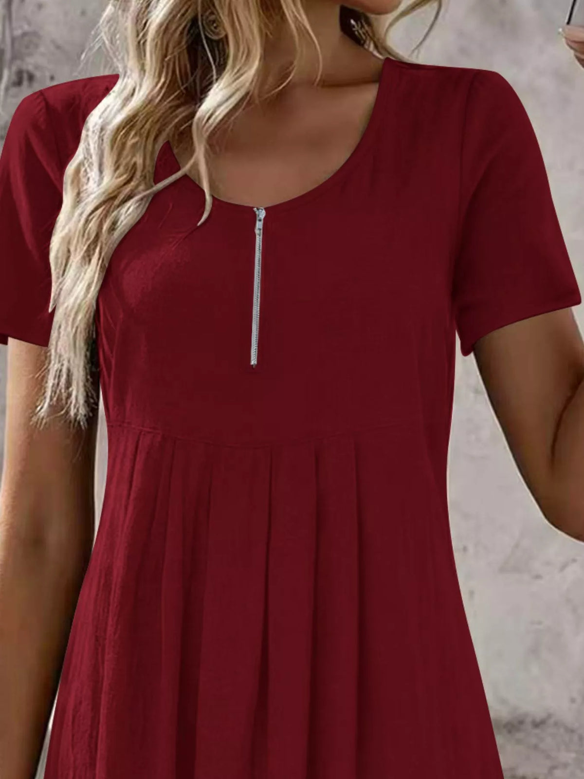 Zipper-Front Short Sleeve A-Line Dress - Lilixa.store