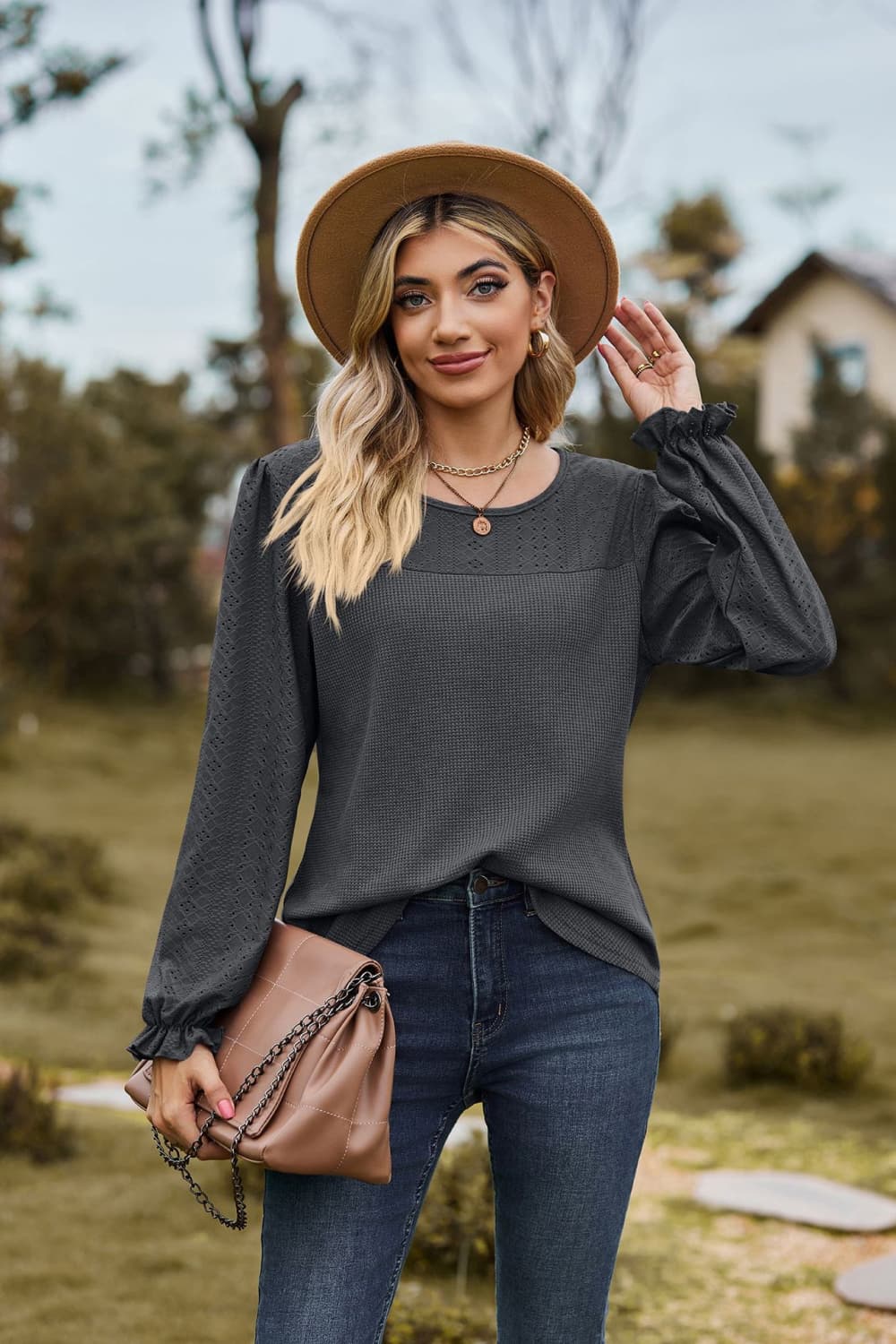 Round Neck Puff Sleeve Blouse in Dark Gray