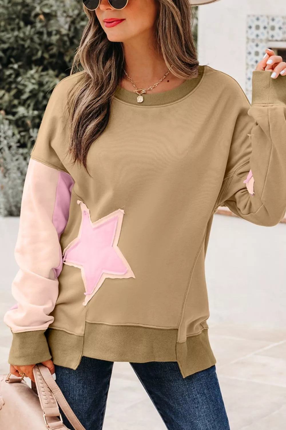 Star Patch Crew Neck Sweatshirt in Tan, view 8