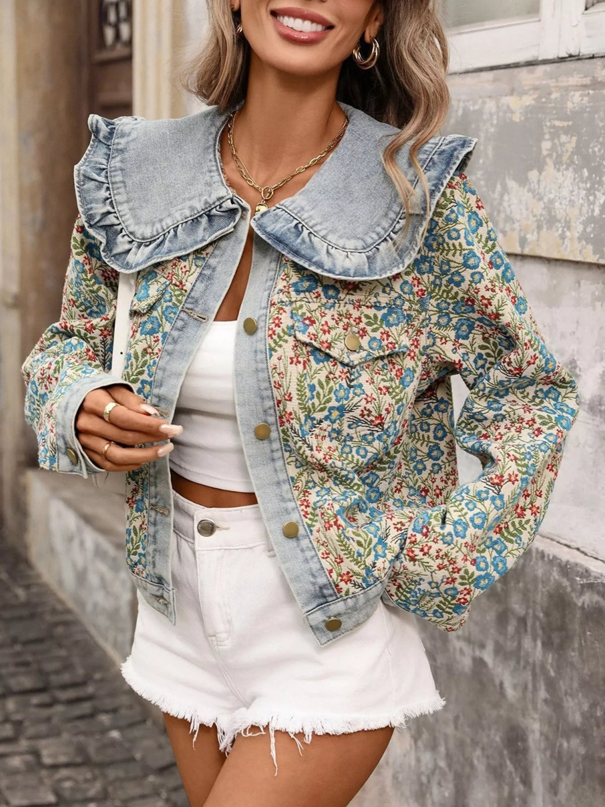 Floral Ruffle Collar Denim Jacket - Lilixa.store