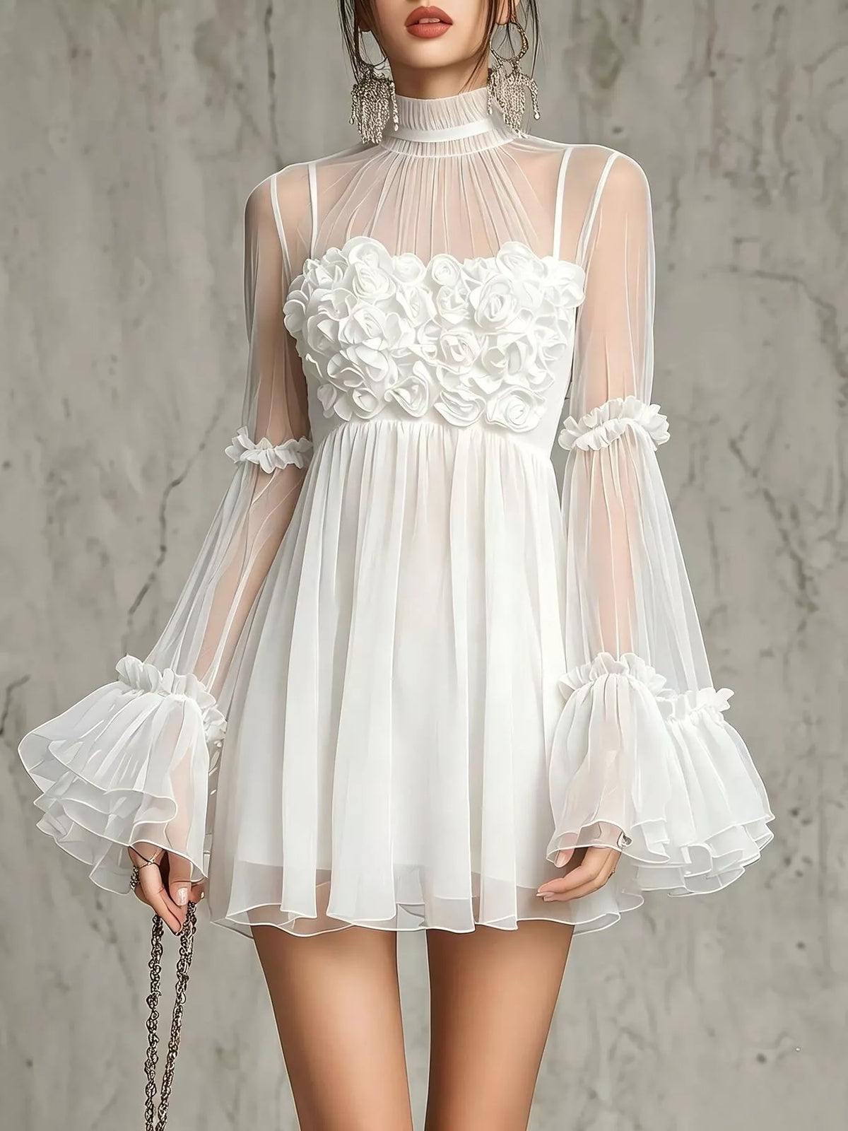 Sheer Mesh Rose Applique Mini Dress