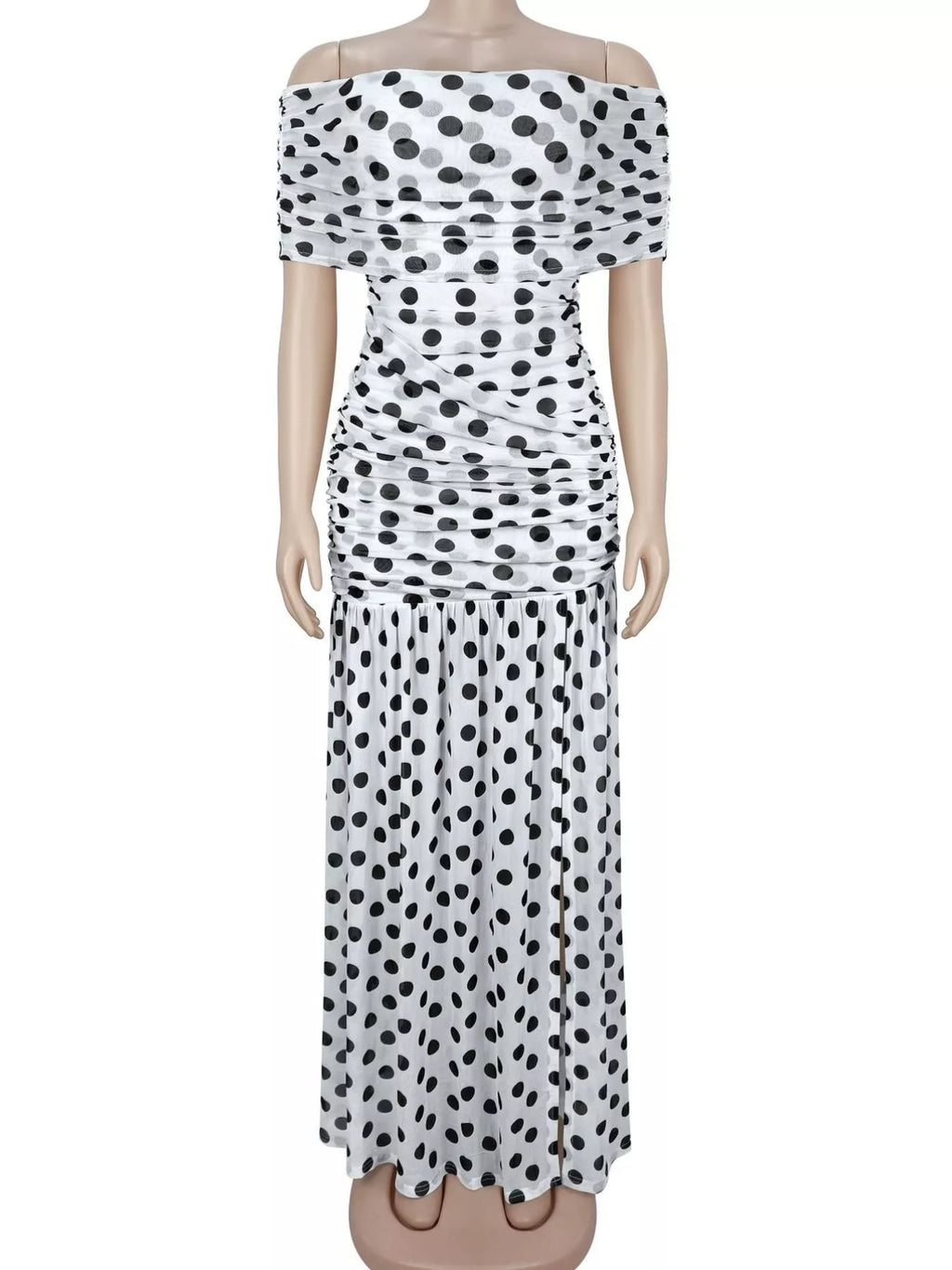 Polka Dot Off Shoulder Slit Maxi Dress - Lilixa.store