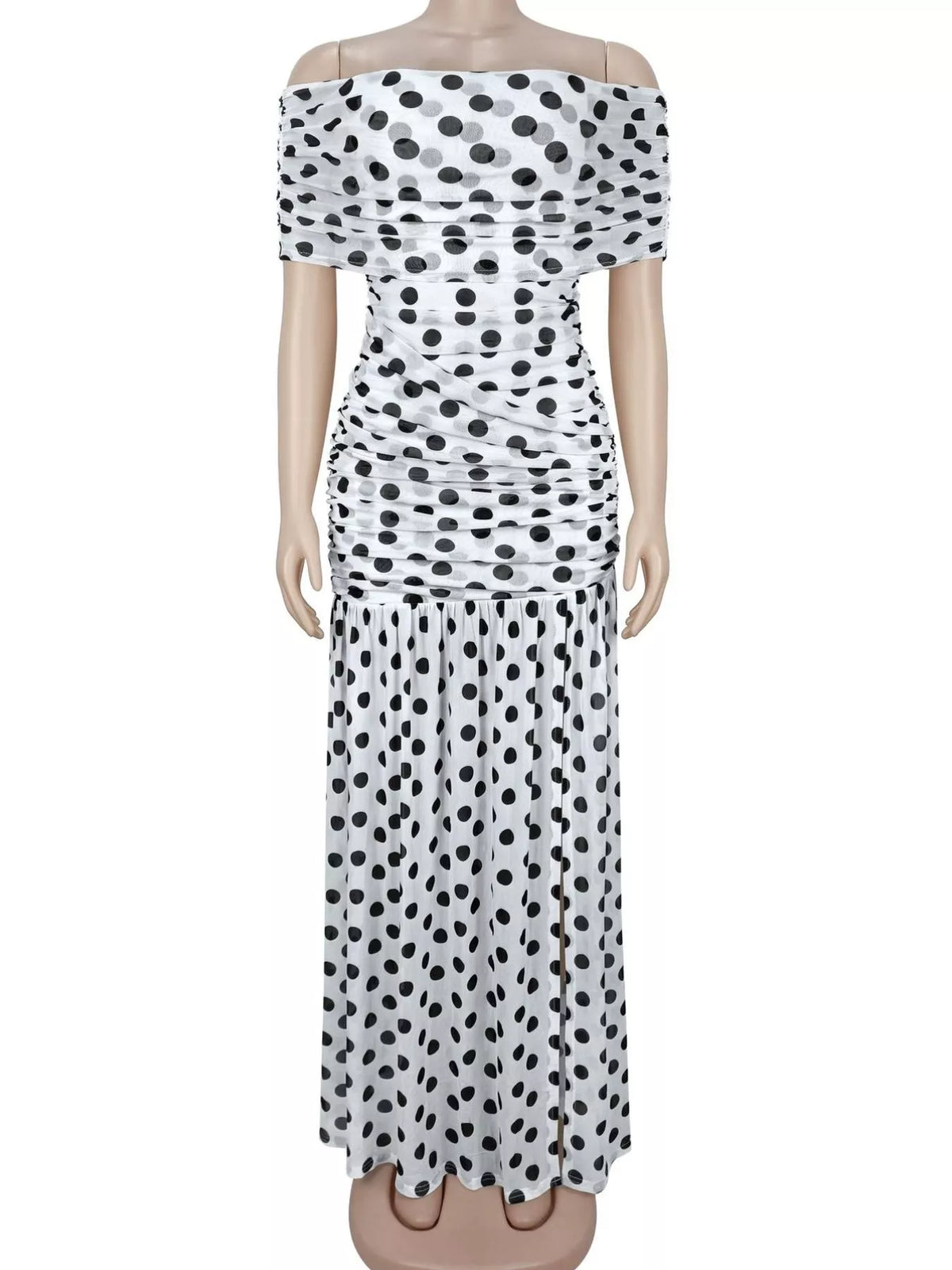 Polka Dot Off Shoulder Slit Maxi Dress - Lilixa.store