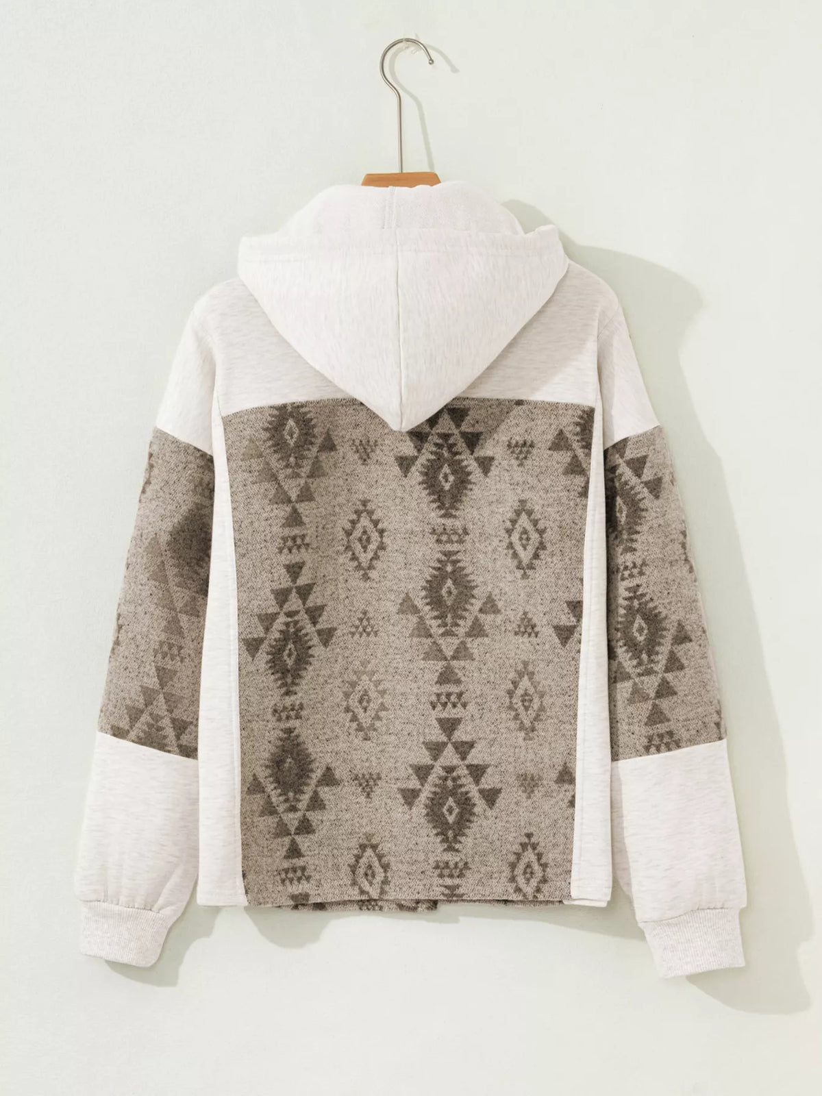 Western Aztec Print Color Block Patchwork Drawstring Hooded Shacket in Khaki, view 6
