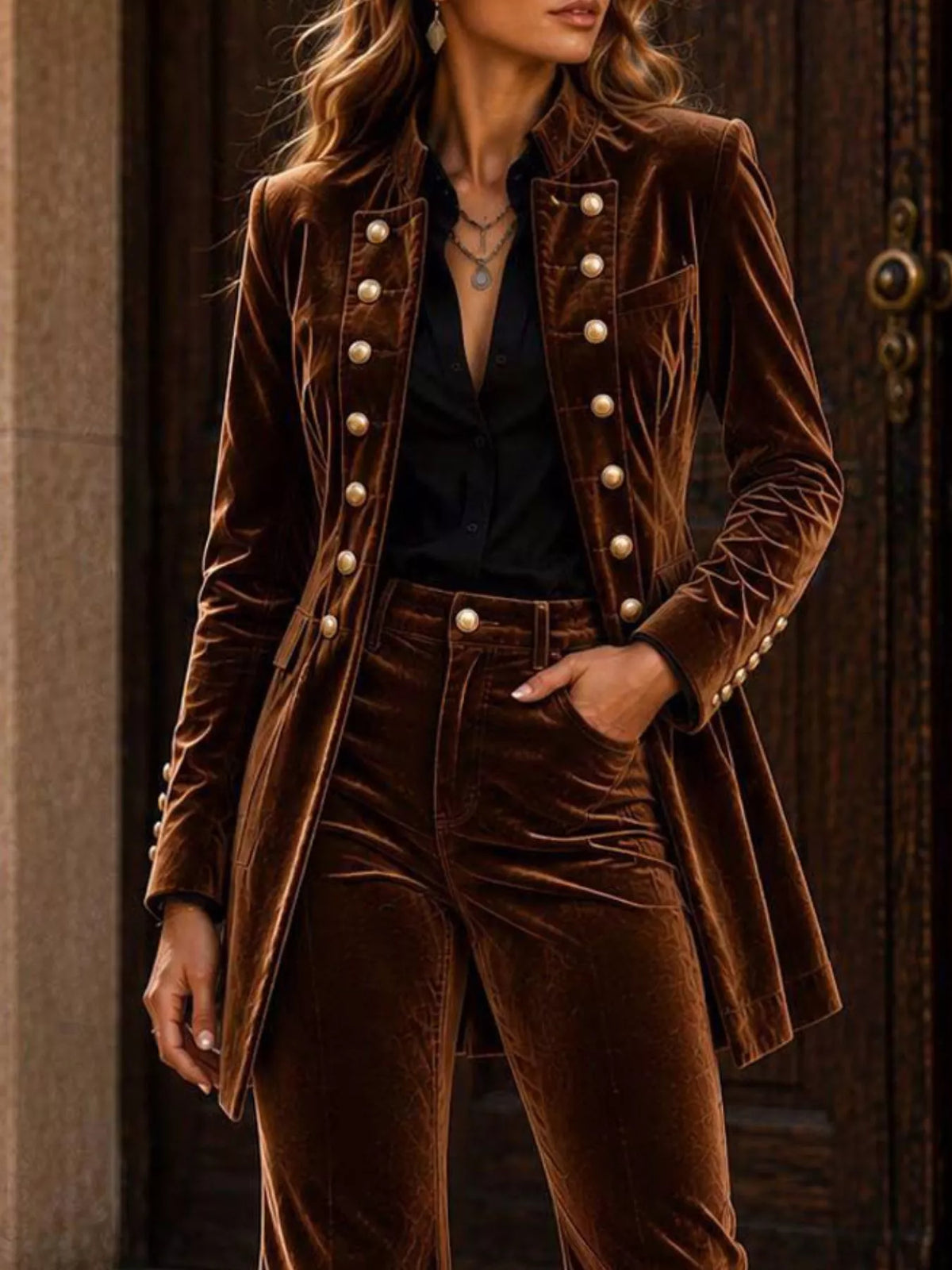 Velvet Double-Breasted Blazer and Flare Pants Set, view 2