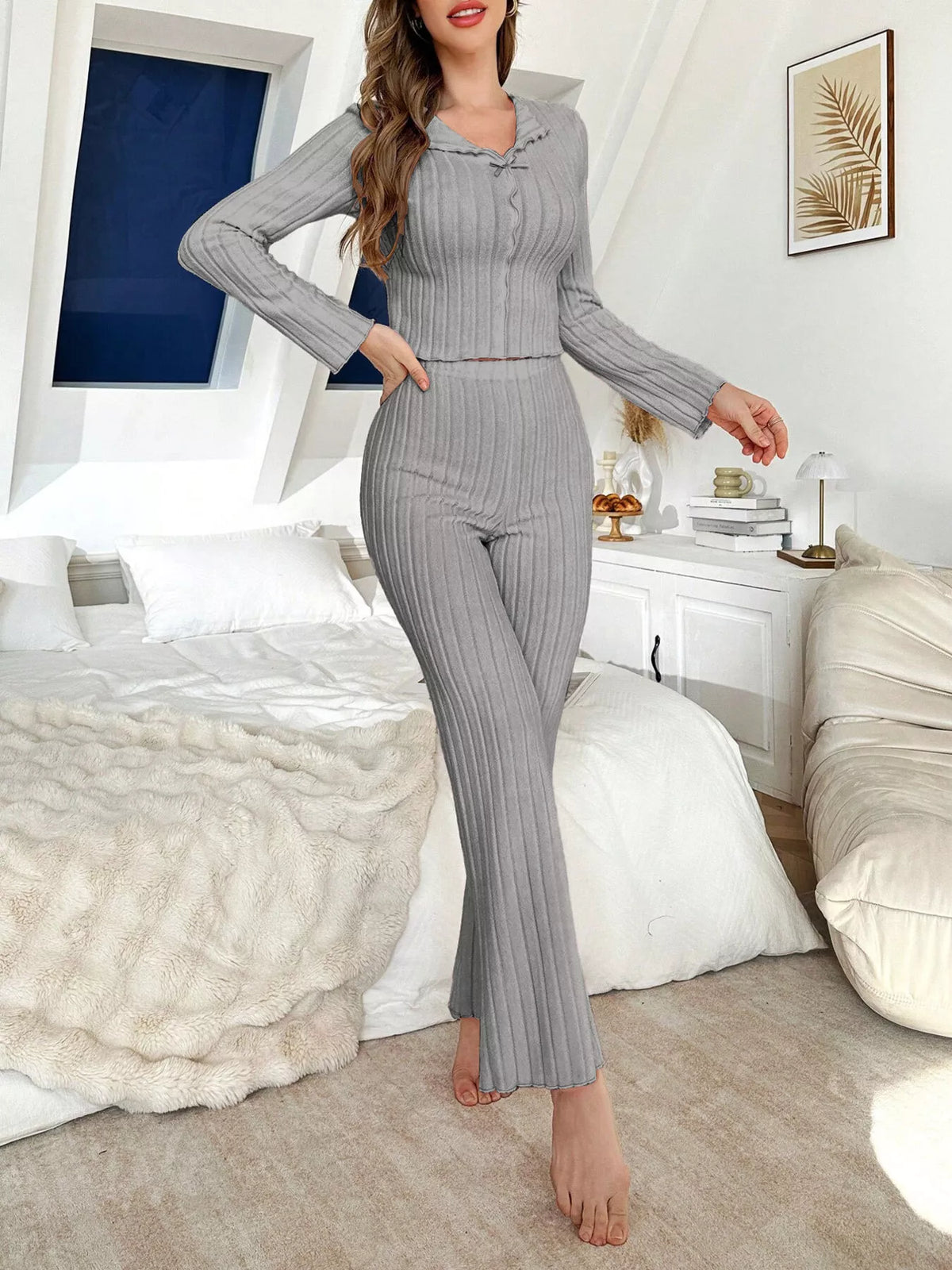 Bow Detail Ribbed Knit Top and Pants Lounge Set - Lilixa.store