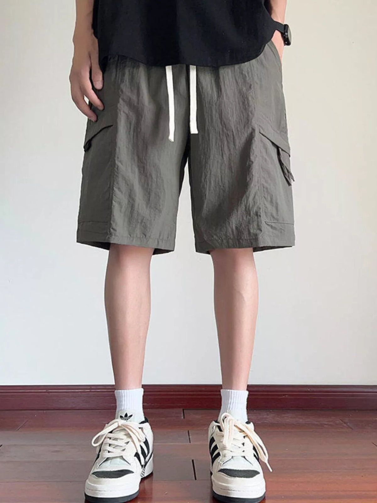 Men's Plus Size Cargo Shorts with Drawstring in Gray Green