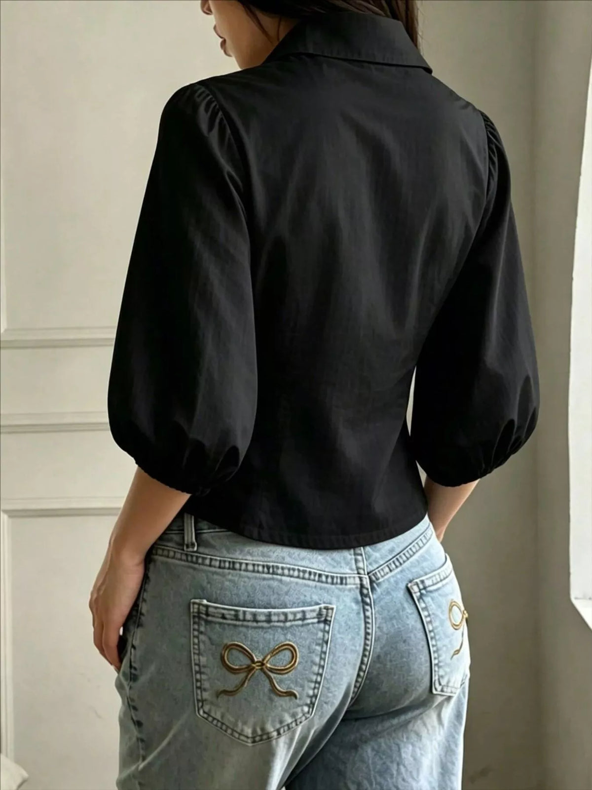 Button-Down Shirt with Puff Sleeves, view 7