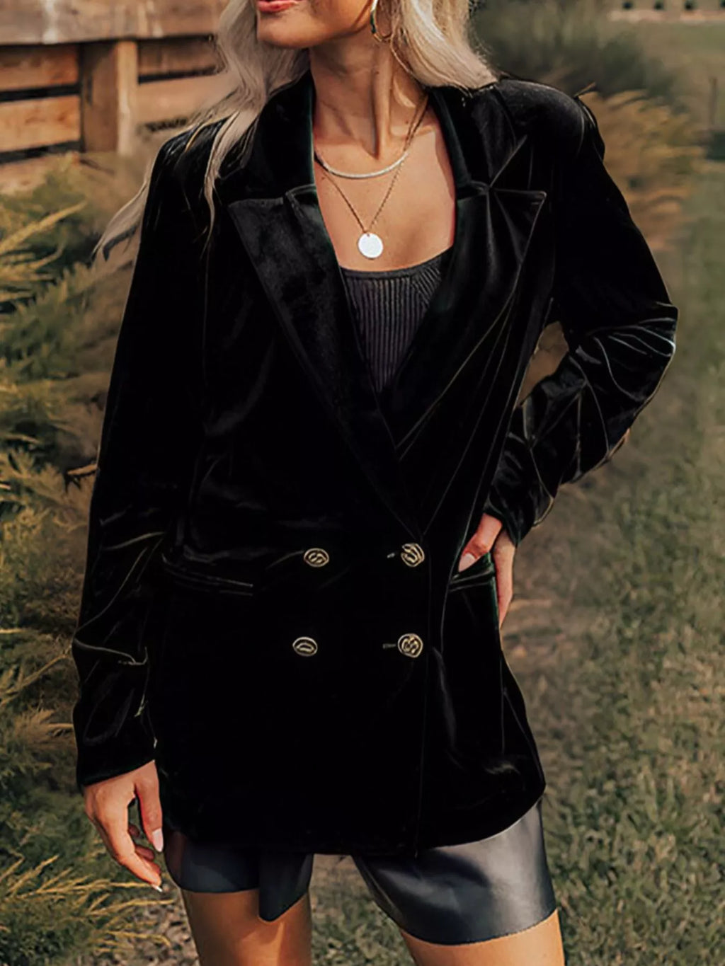 Velvet Lapel Collar Button Up Blazer - Lilixa.store