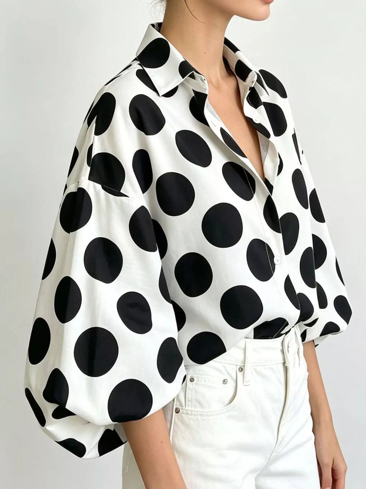 Polka Dot Puff Sleeve Shirt - Lilixa.store