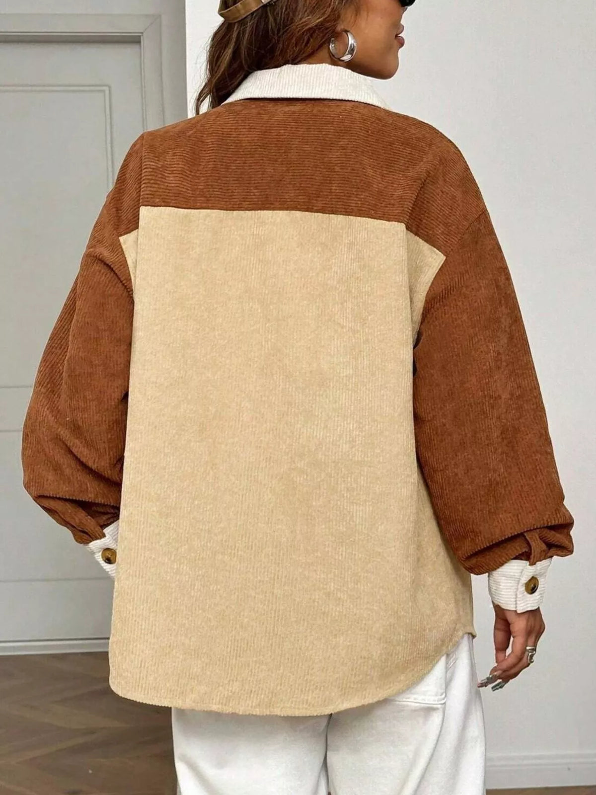 Color Block Corduroy Button-Up Jacket in Tan, view 4