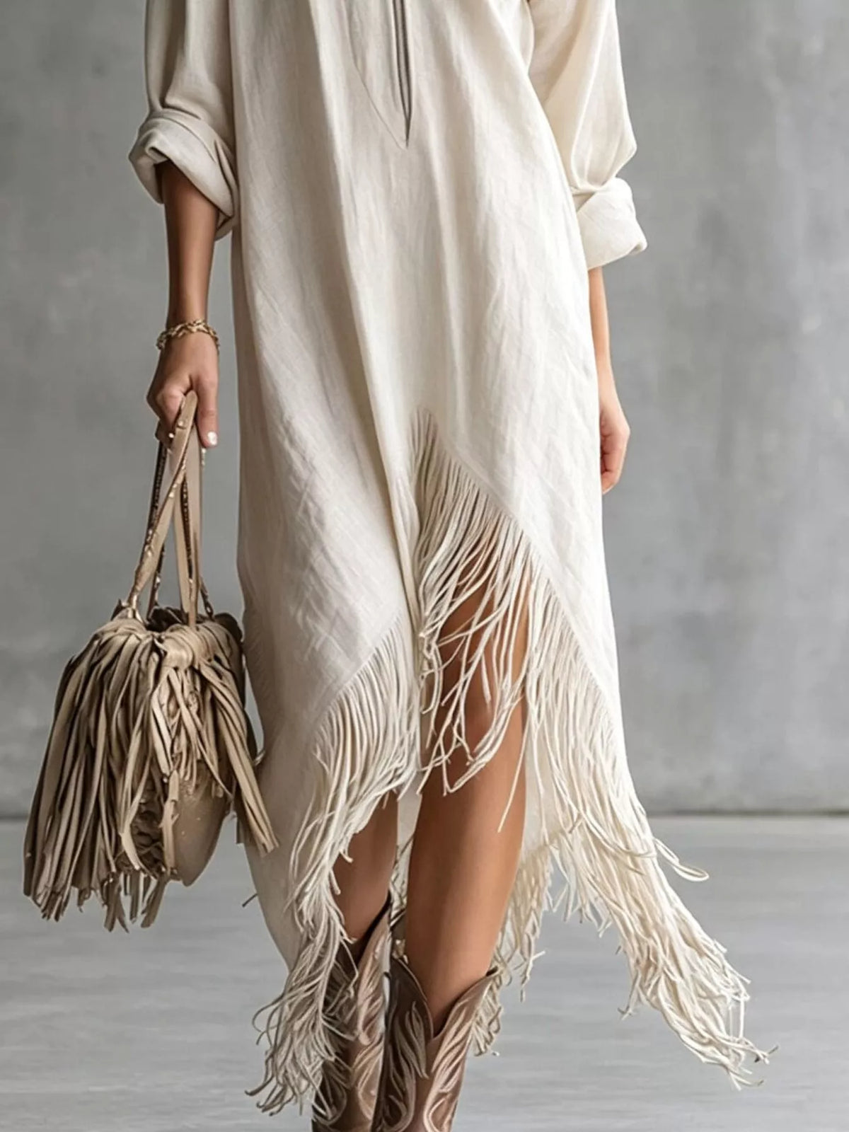 Zipper-Front Fringe Hem Midi Dress - Lilixa.store