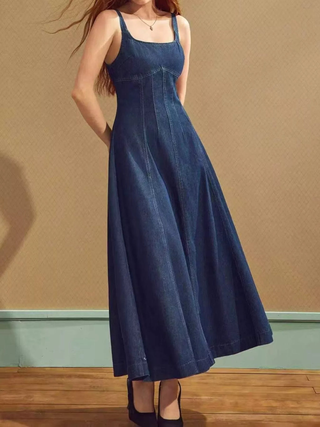 Square Neck A-Line Denim Dress - Lilixa.store
