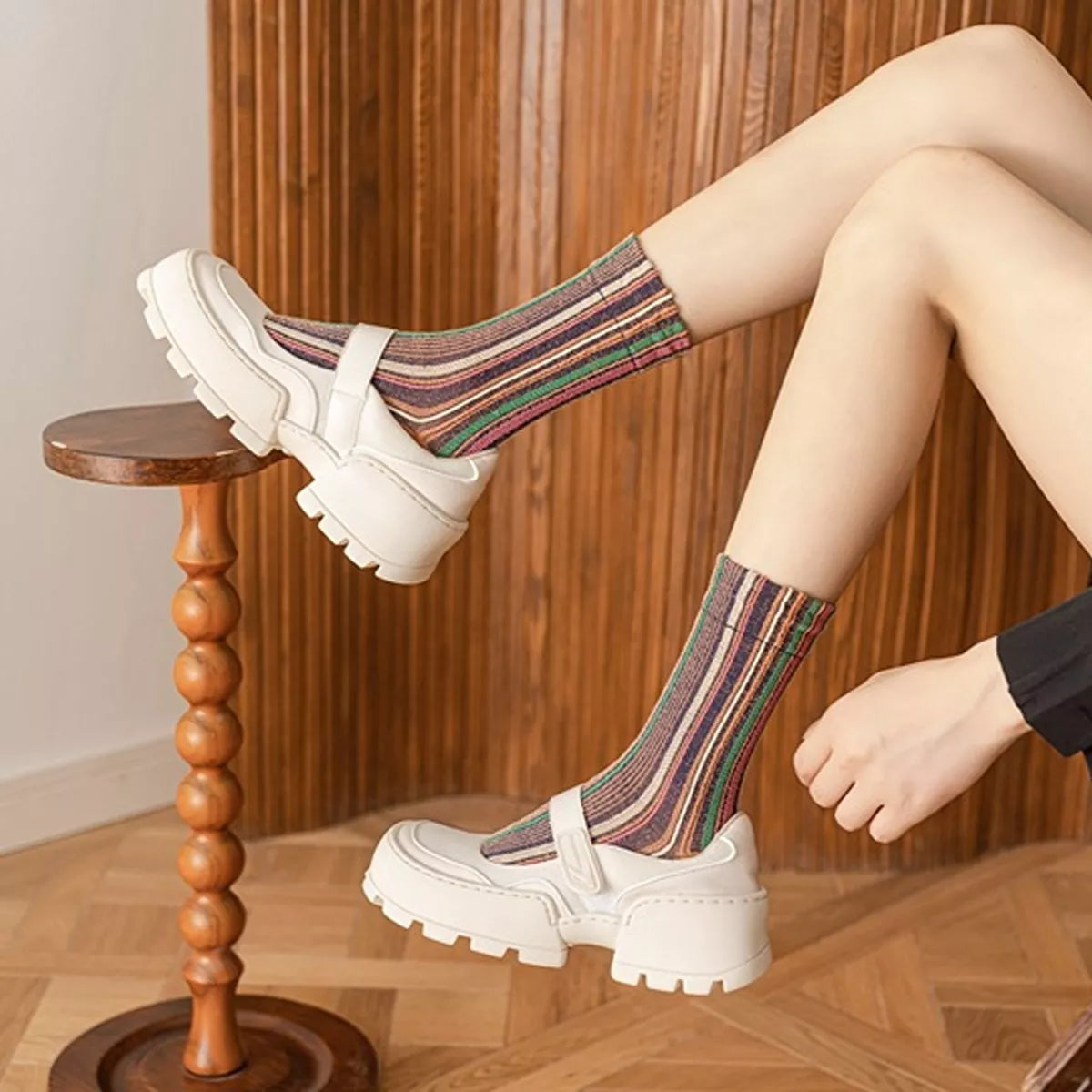 Multi-Color Striped Cotton Crew Socks