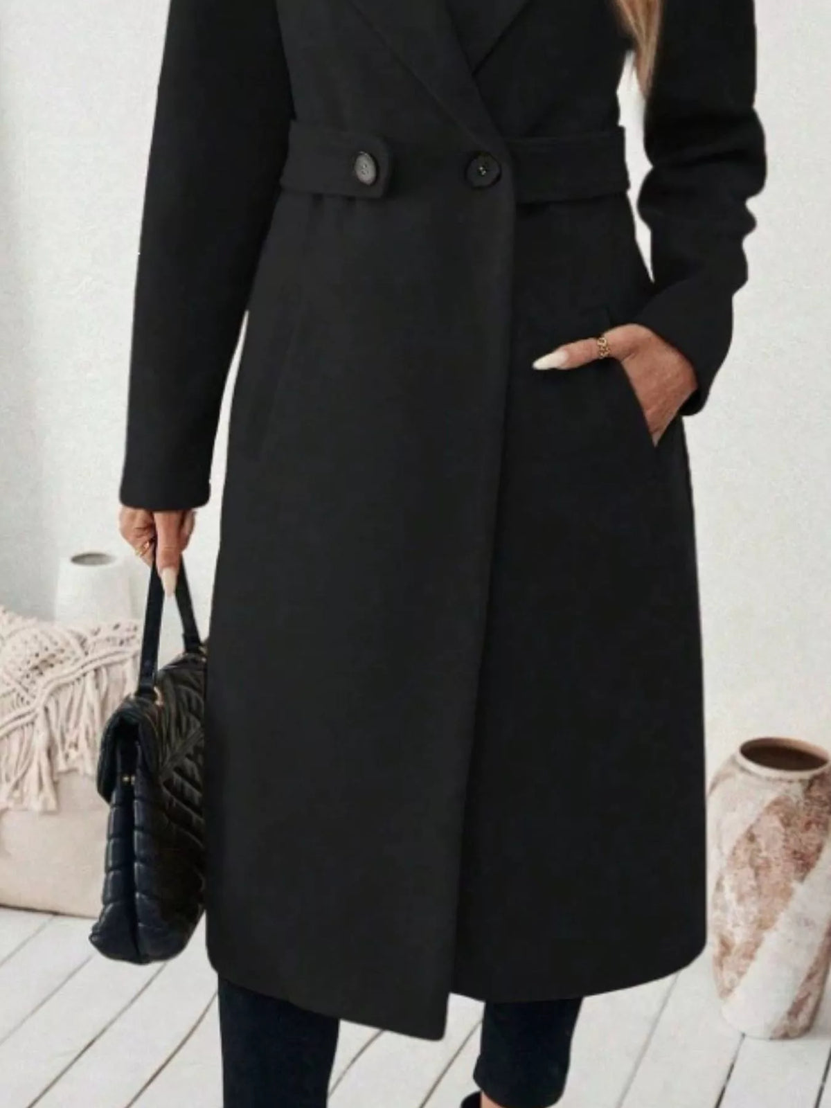 Full Size Elegant Lapel Collar Belted Coat with Pockets Plus Size, view 5