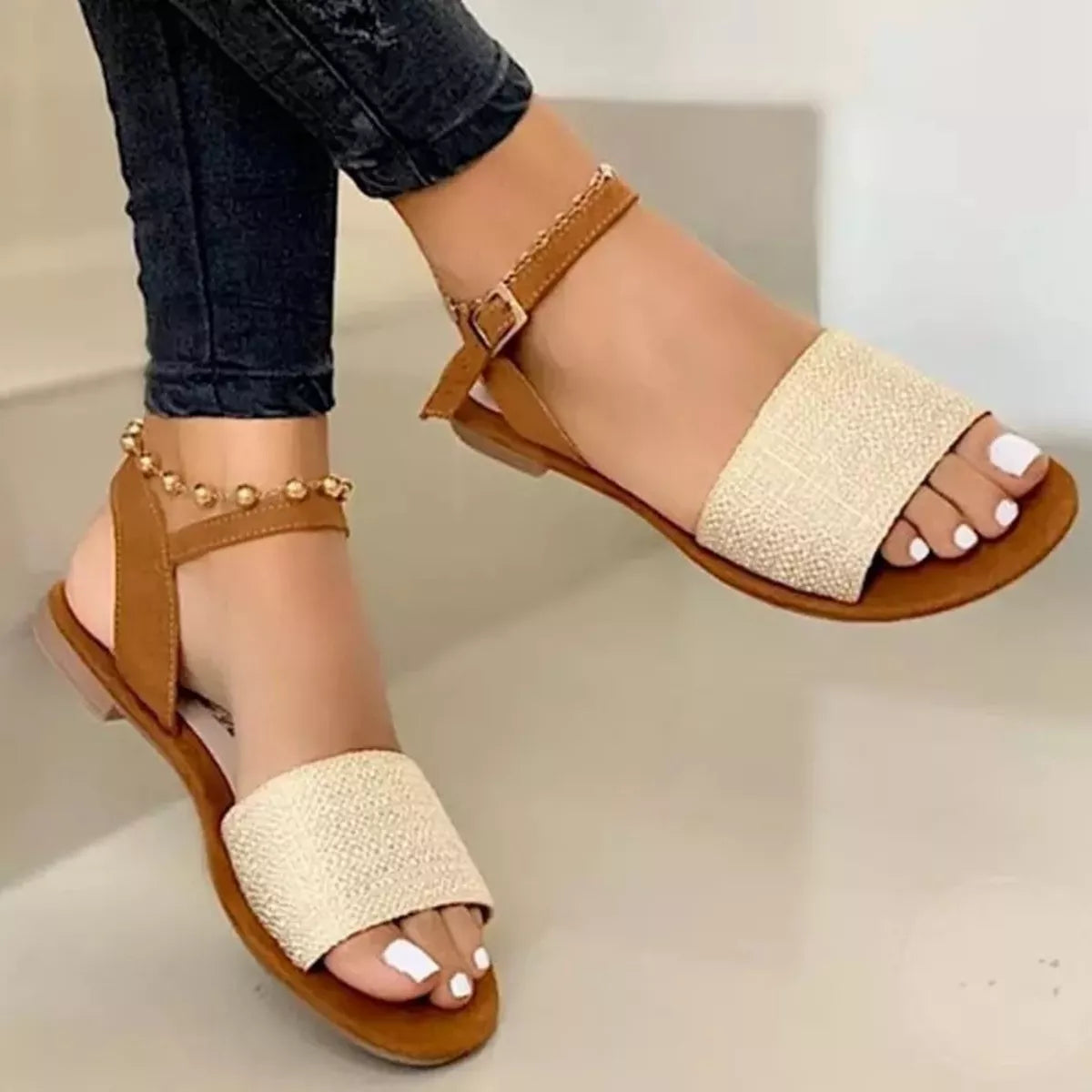 Open Toe Ankle-Strap Flat Sandals in Beige