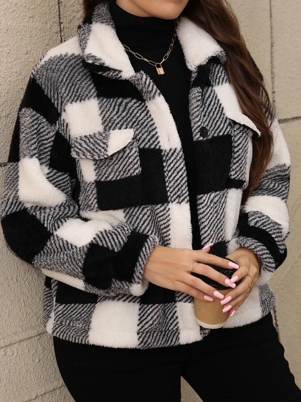 Plus Size Pocketed Plaid Collared Neck Jacket in Black, view 4
