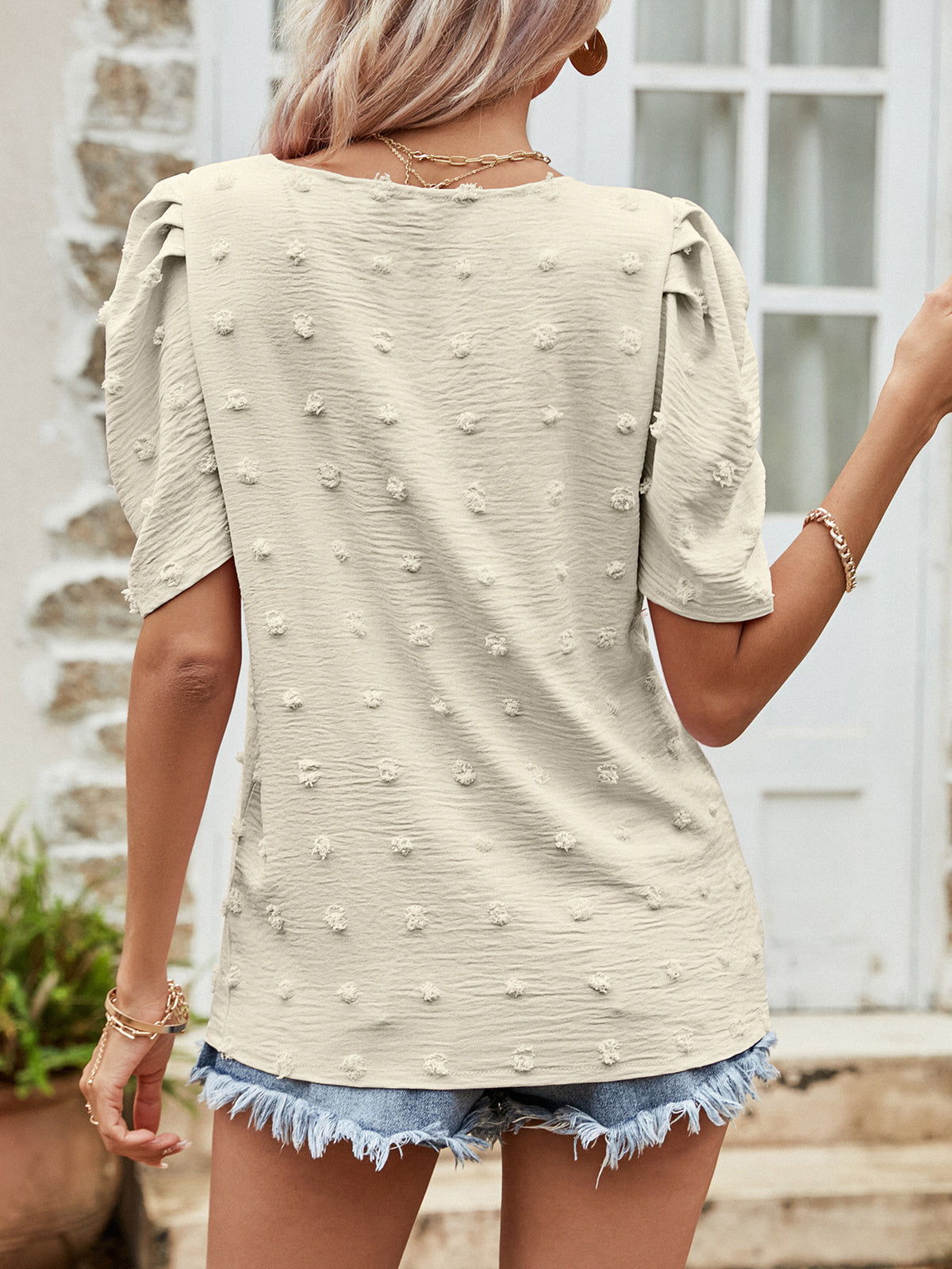 Swiss Dot Short Puff Sleeve Top, view 4
