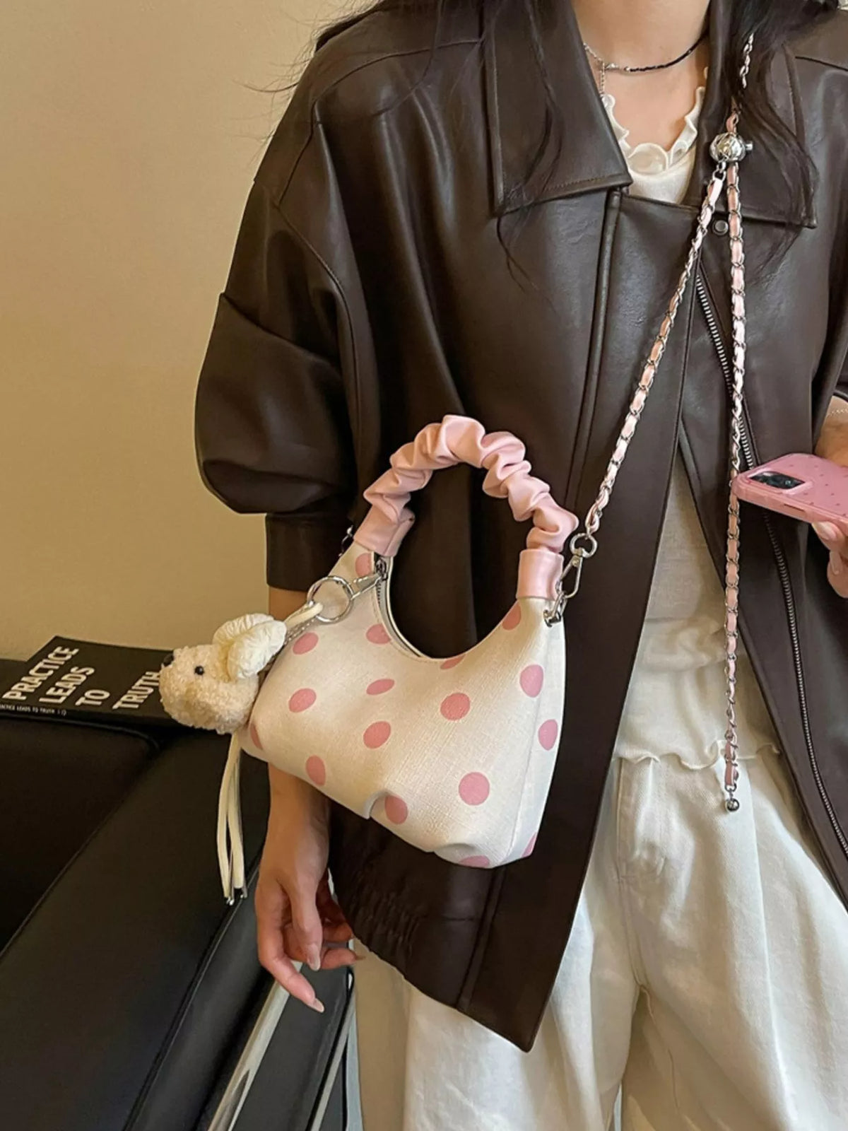 Polka Dot Ruched Handle Crossbody Bag