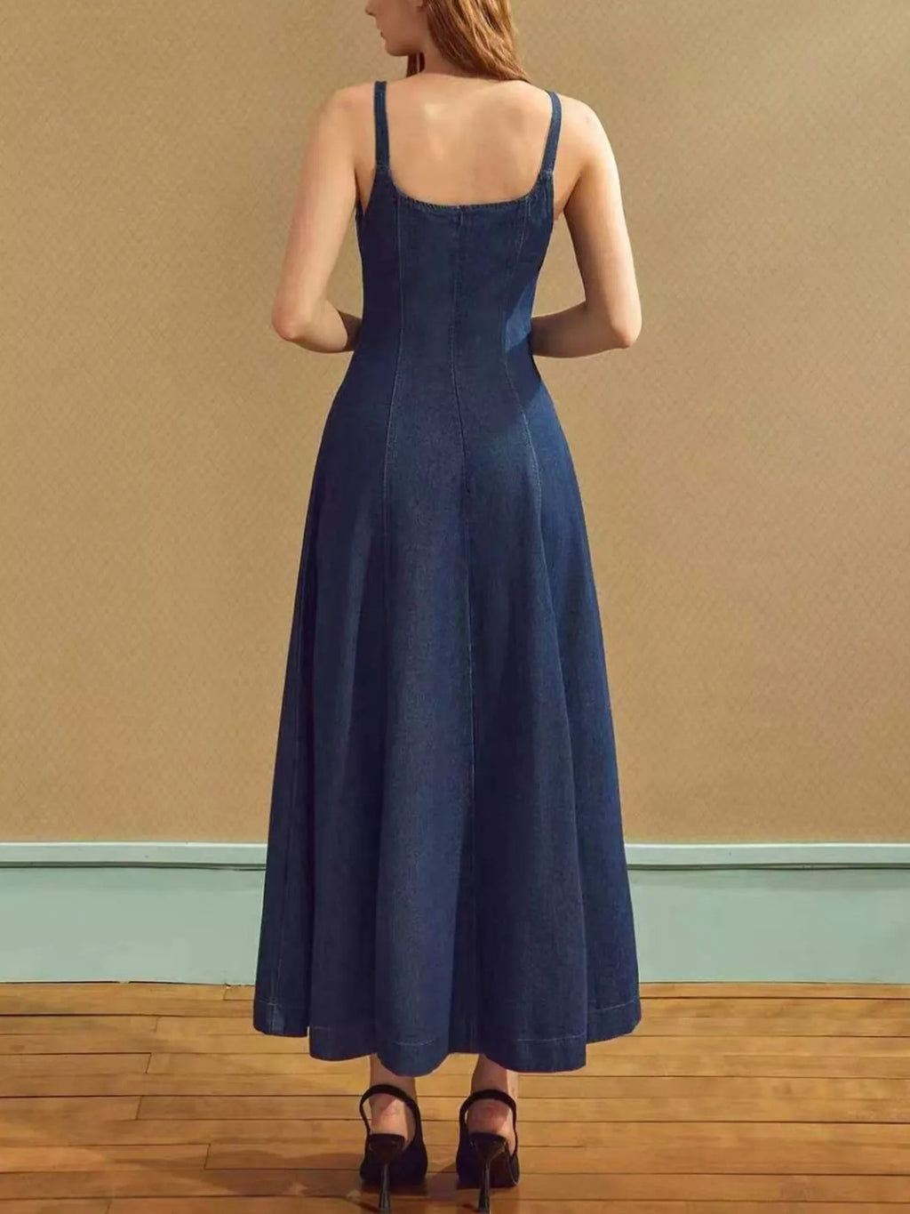 Square Neck A-Line Denim Dress - Lilixa.store