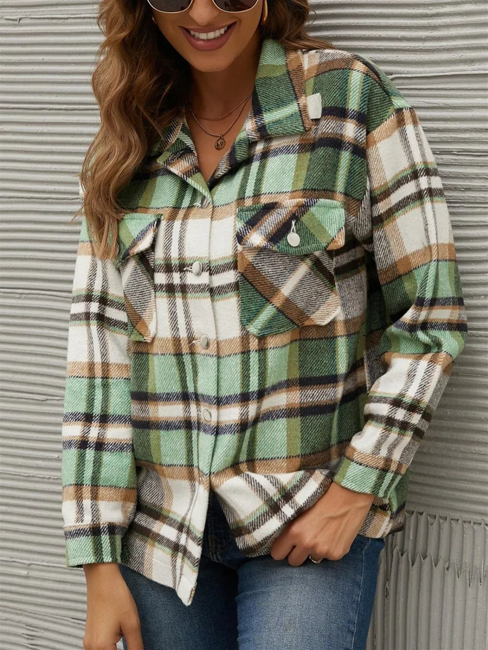 Plaid Collared Neck Long Sleeve Jacket in Green, view 3