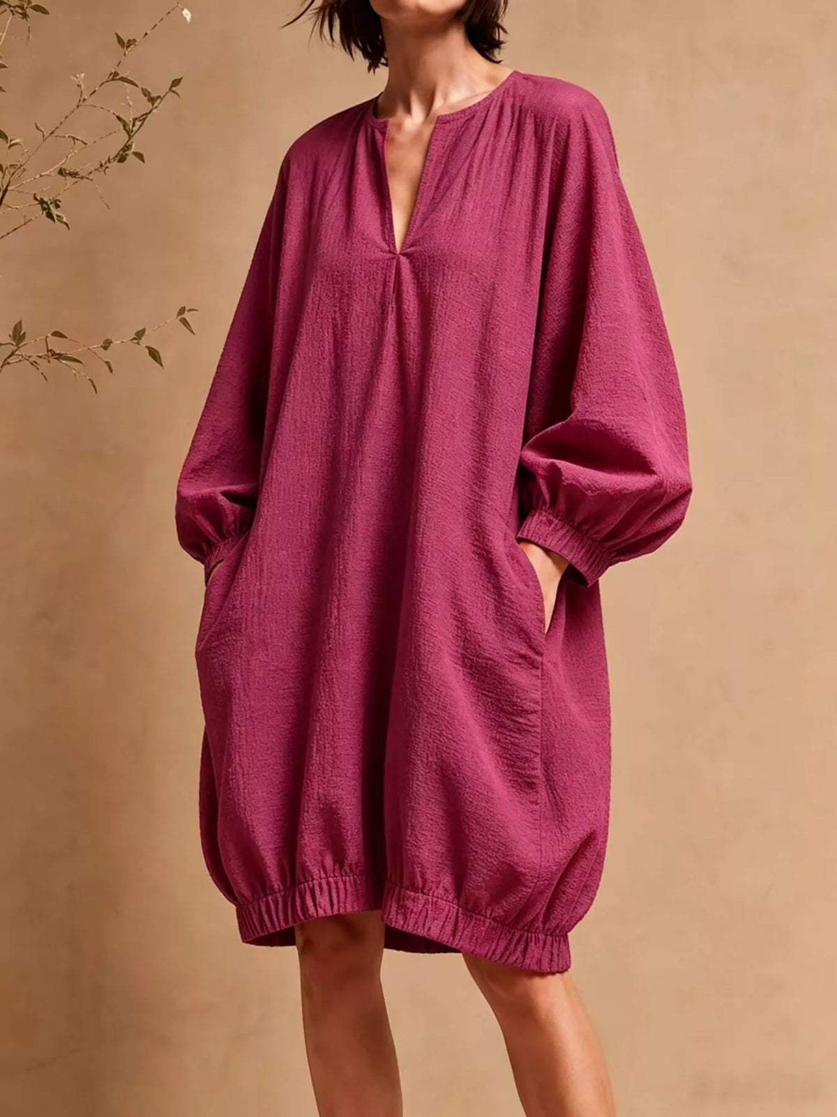 Casual Loose-Fit Balloon Sleeve Mini Dress with Pockets in Cerise