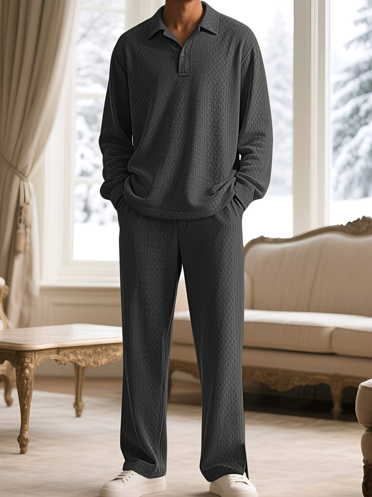 Men's Full Size Textured Long Sleeve Top and Pants Set Plus Size - Lilixa.store