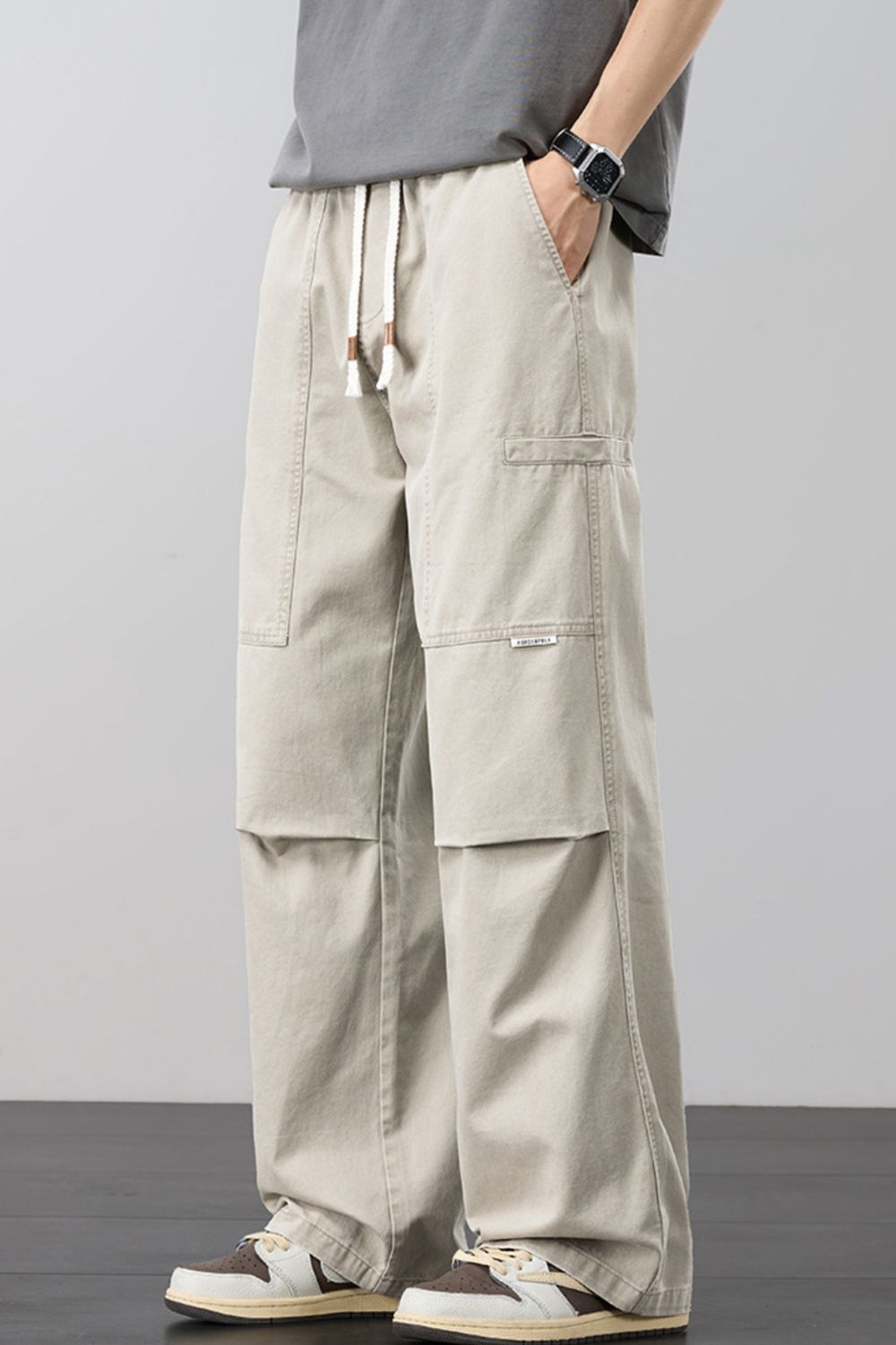 Men's Plus Size Loose Fit Cargo Pants with Drawstring in Beige
