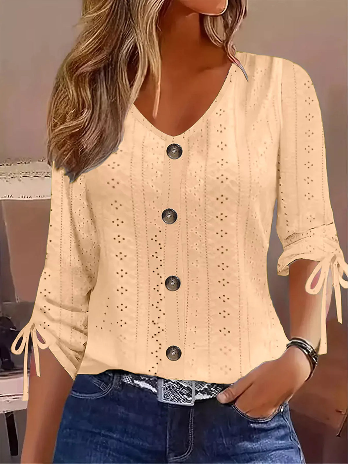 Eyelet Tie-Sleeve Detail Top in Yellow