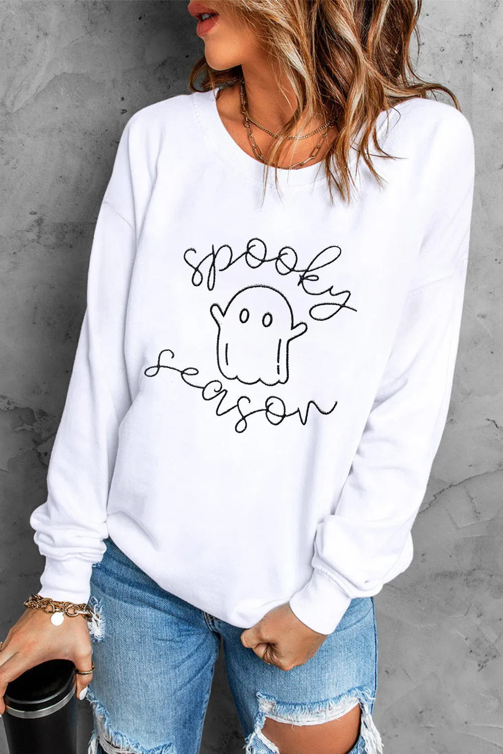 Ghost Graphic Long Sleeve Dropped Shoulder Sweatshirt - Lilixa.store
