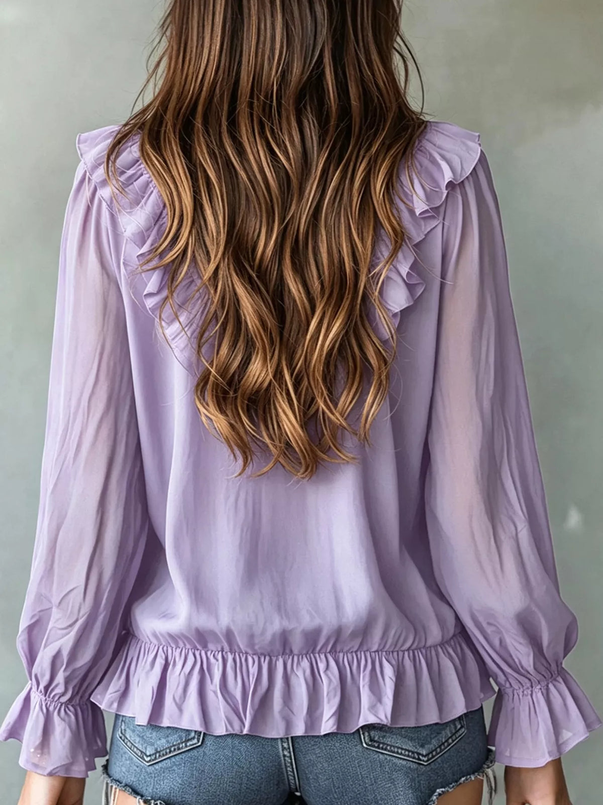 Ruffle V-Neck Long Sleeve Blouse, view 12