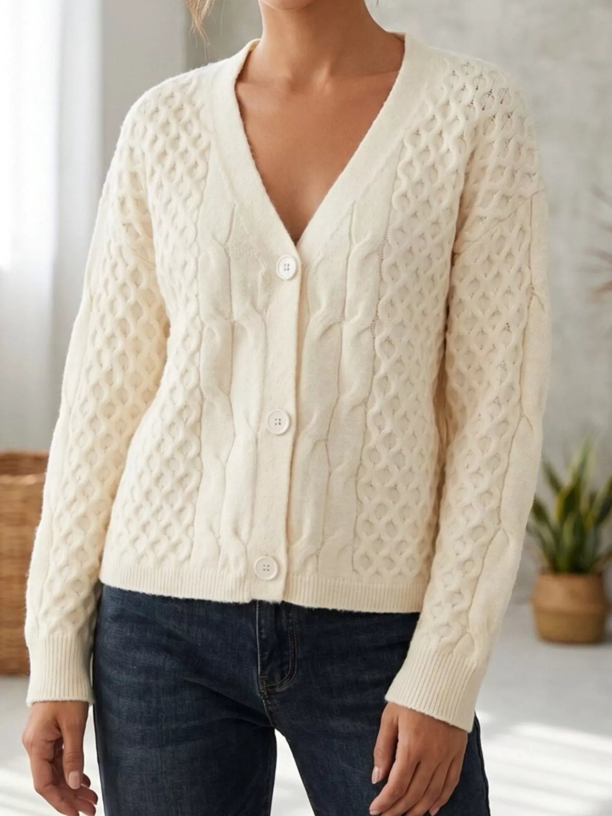 Cable-Knit V-Neck Button-Down Cardigan, view 2