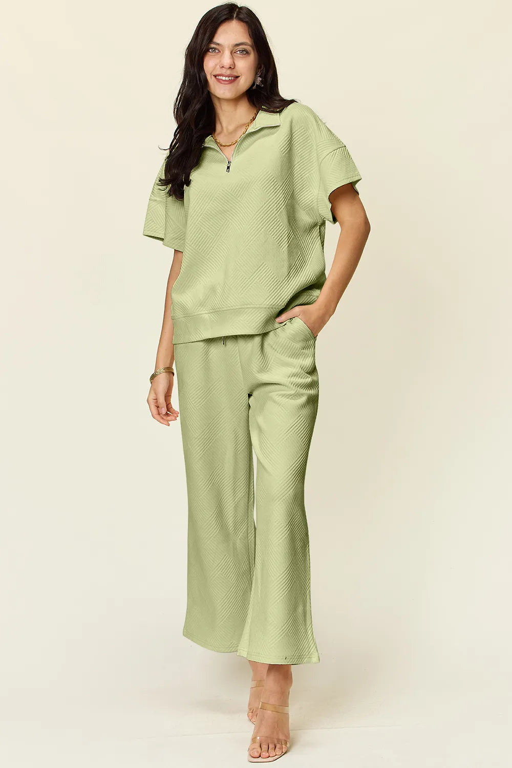 Double Take Full Size Texture Half Zip Short Sleeve Top and Pants Set, view 5