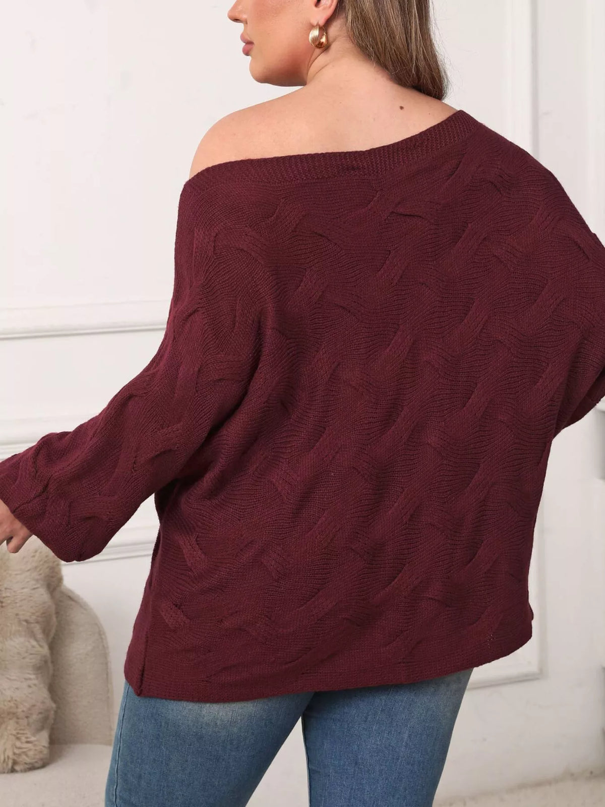 Plus Size One-Shoulder Floral Applique Sweater in Wine Red, view 6