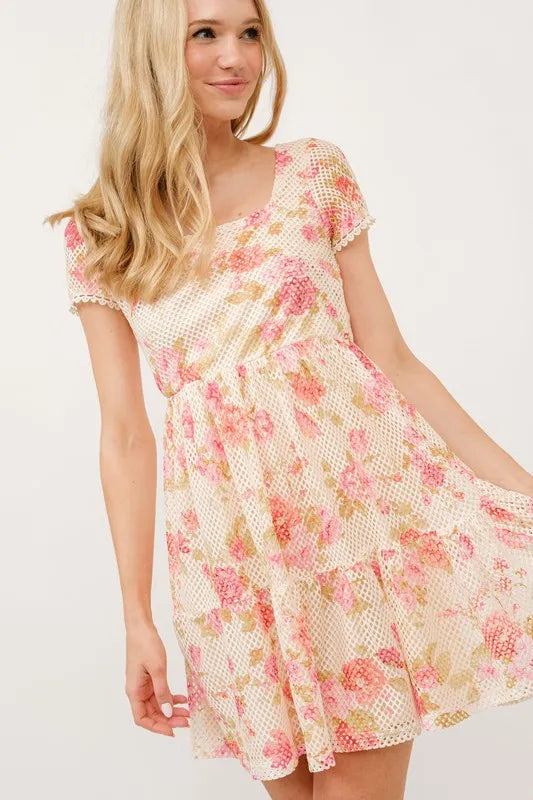 And The Why Square Neck Tiered Floral Fishnet Dress - Lilixa.store