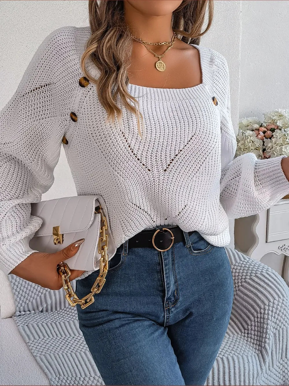 Openwork Buttoned Square Neck Sweater, view 3