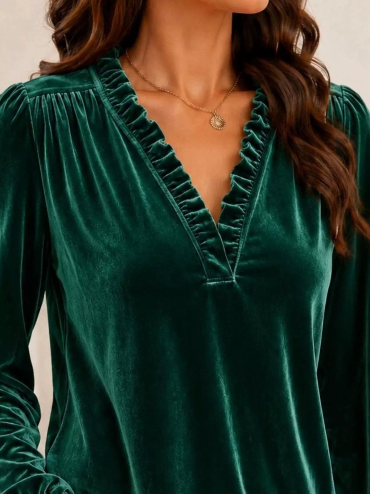 V-Neck Ruffle Trim Velvet Blouse - Lilixa.store