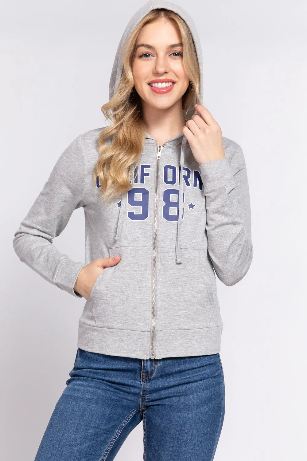 ACTIVE BASIC CALIFORNIA Zip Up Drawstring Long Sleeve Hoodie - Lilixa.store