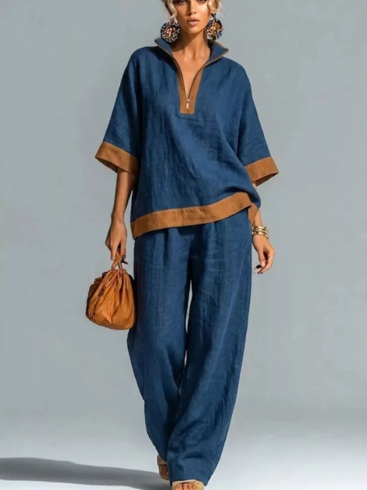 Full Size Contrast Trim Top and Wide Leg Pants Set Plus Size - Lilixa.store