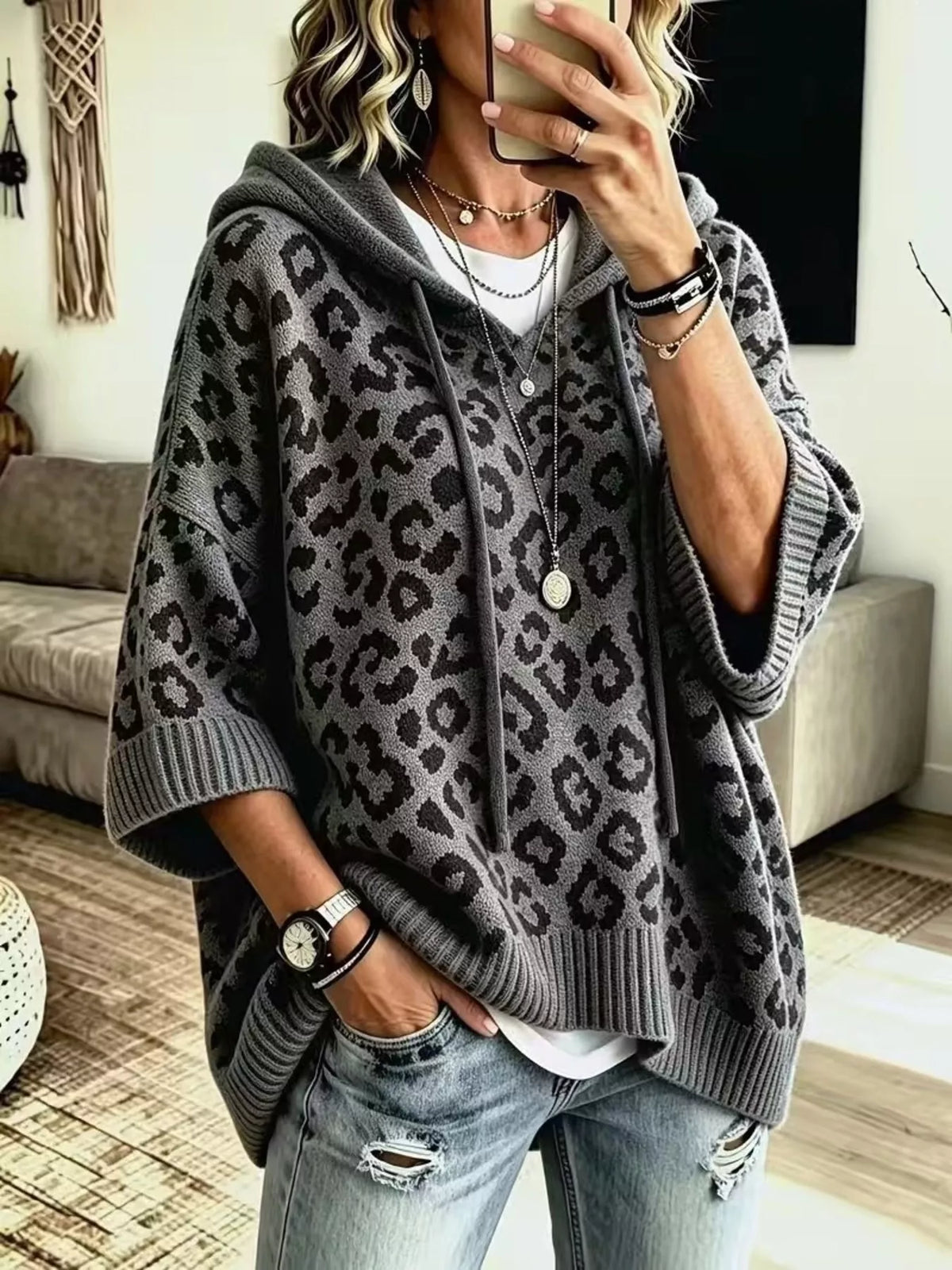 Leopard Print Hooded Knit Sweater in Dark Gray