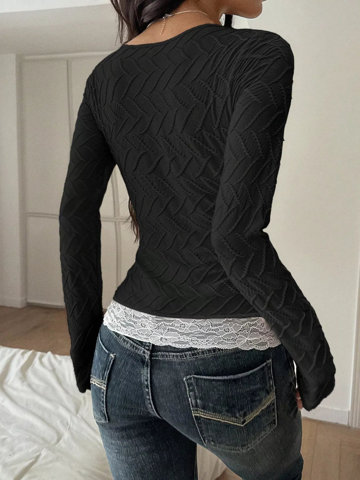 Square Neck Lace Trim Textured T-Shirt - Lilixa.store