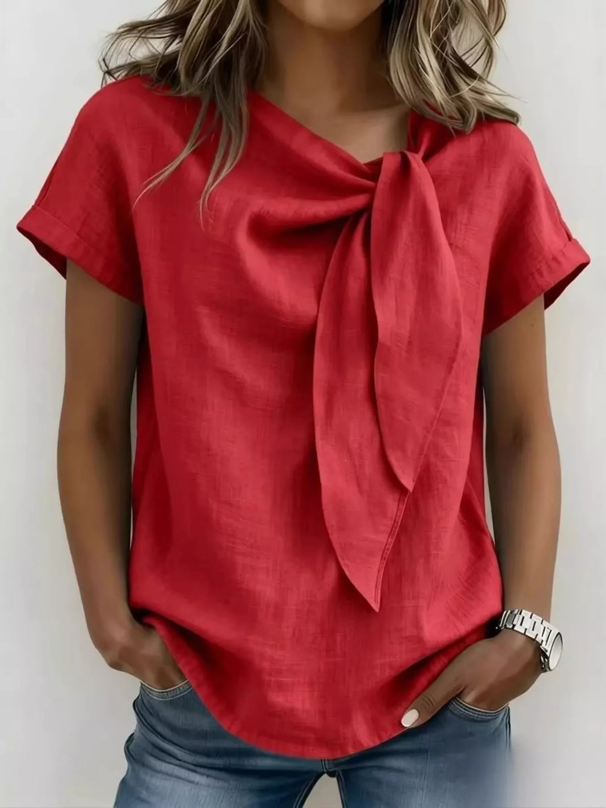 Full Size Bow Tie Neck Short Sleeve Blouse Plus Size - Lilixa.store