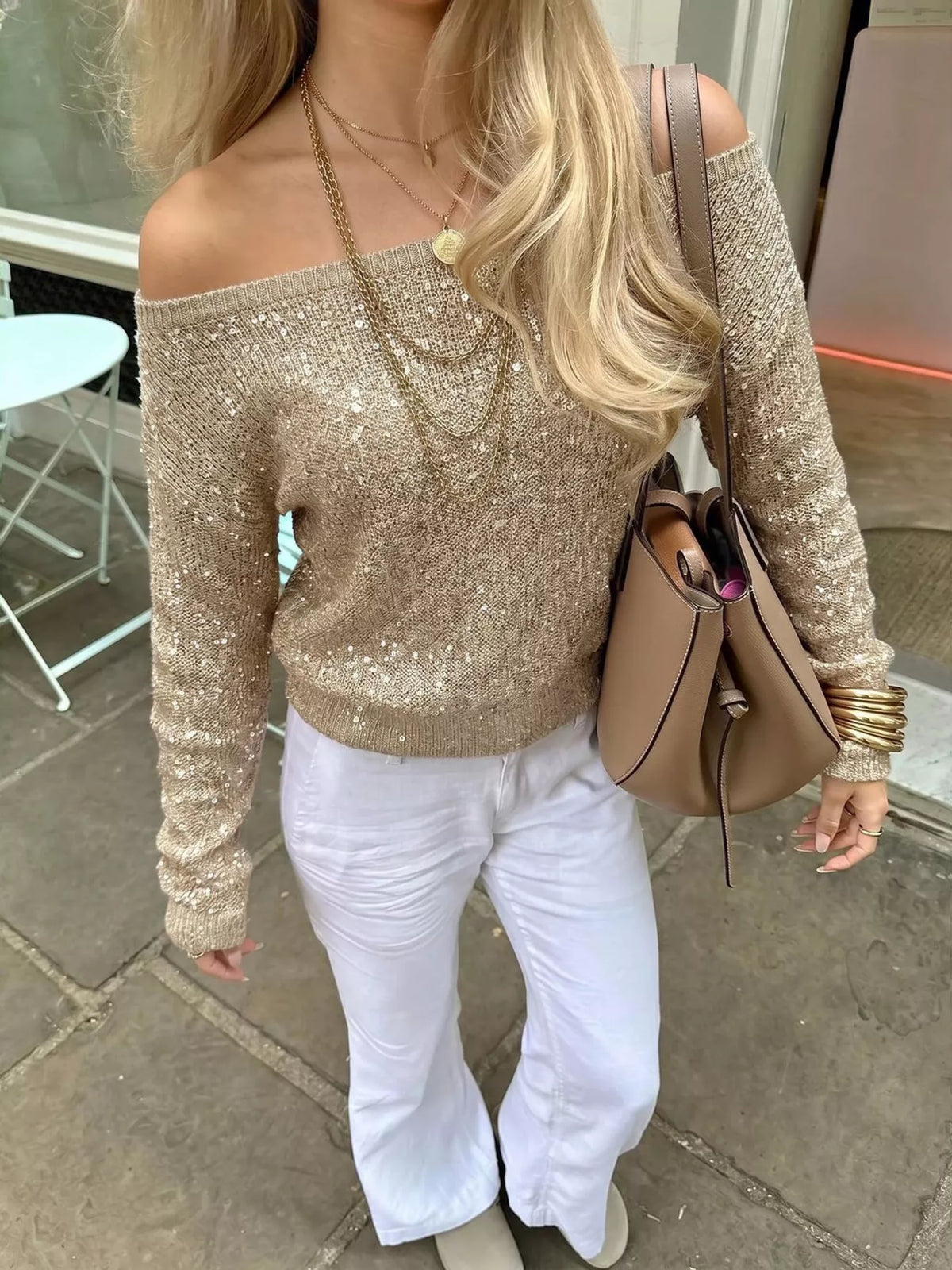 Sequin Off-Shoulder Sweater - Lilixa.store